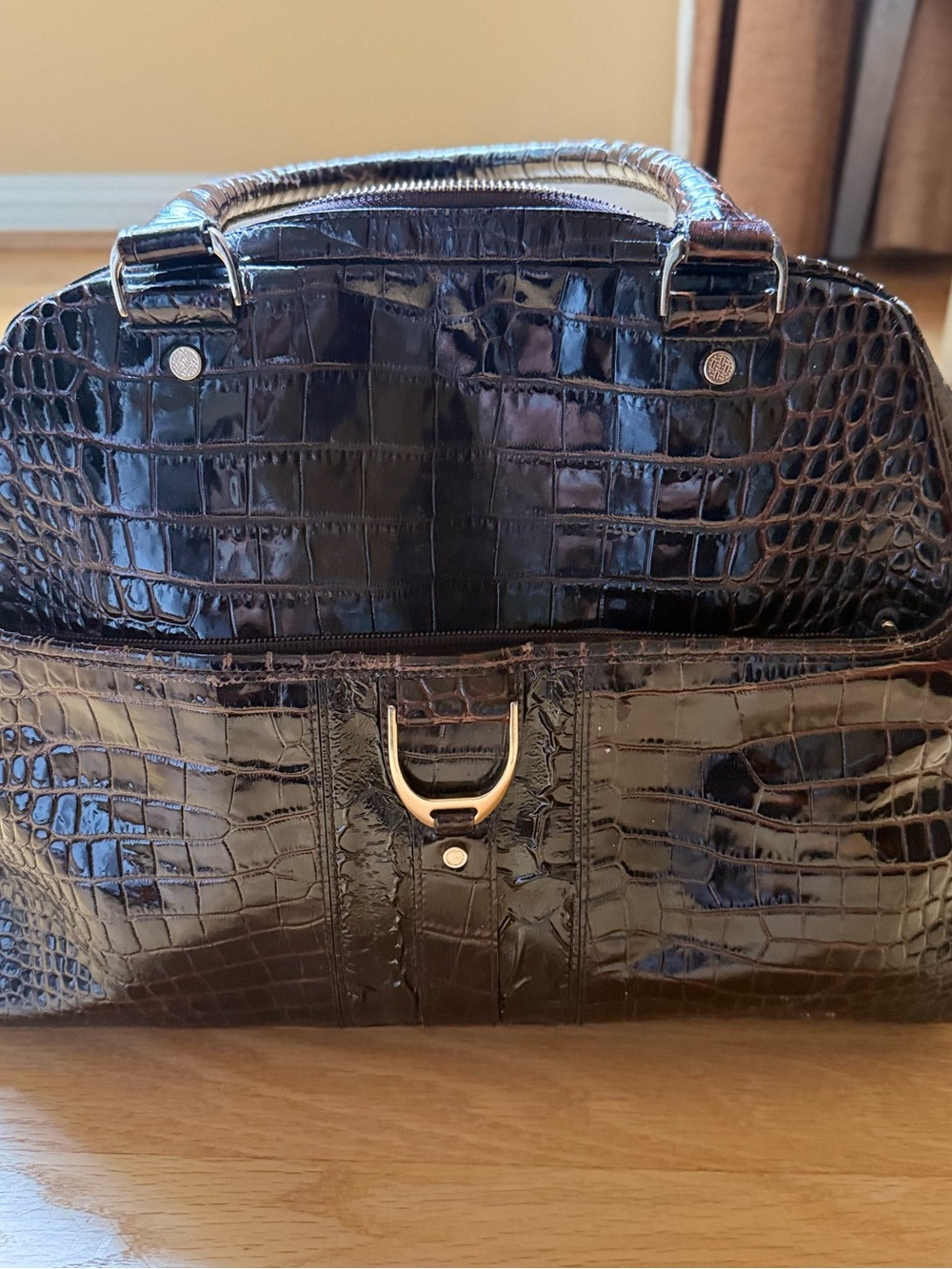 Cole Haan Glossy Croc-Embossed Satchel - Dark Brown